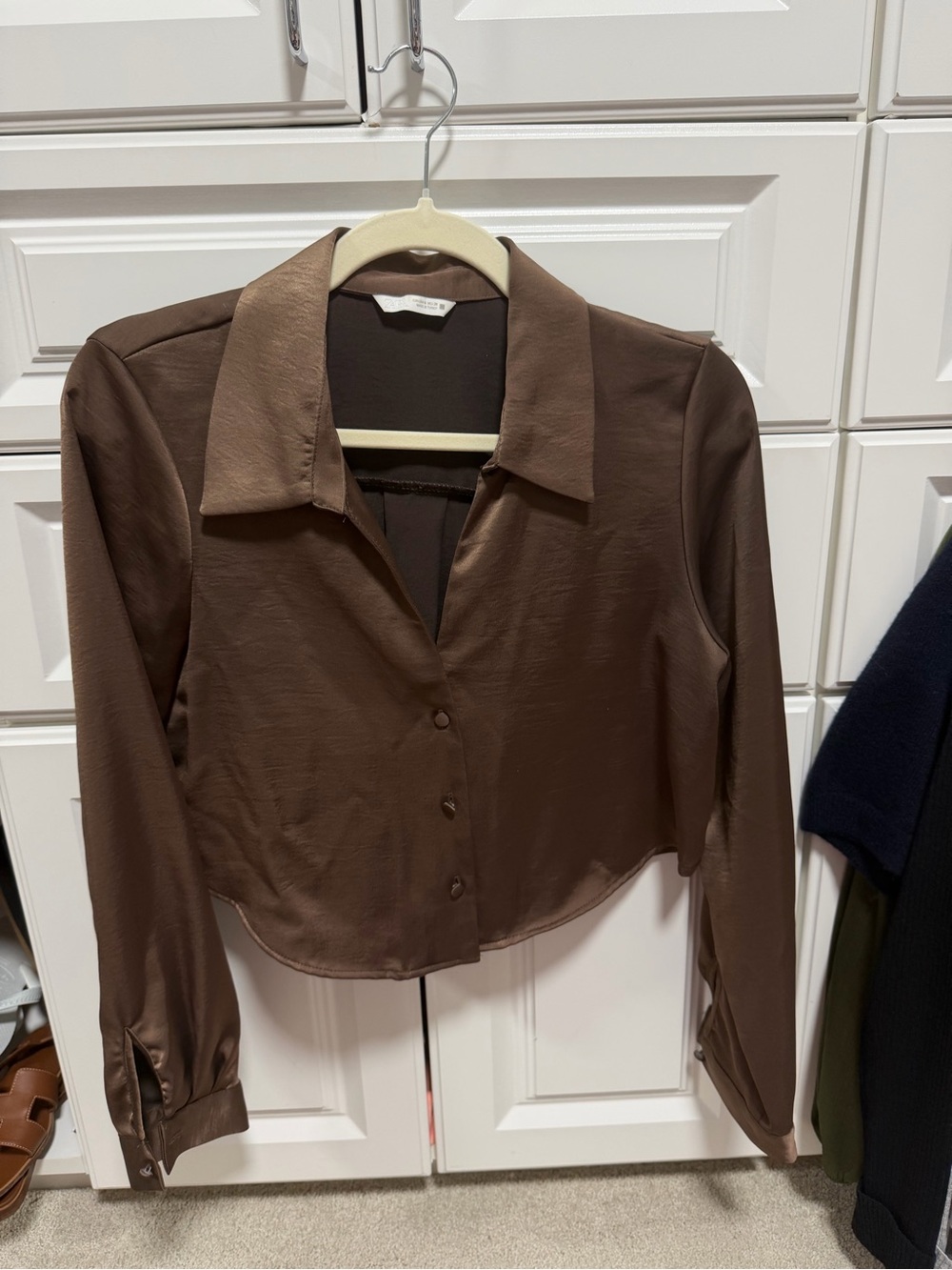 Zara Brown Satin Button-Front Crop Shirt